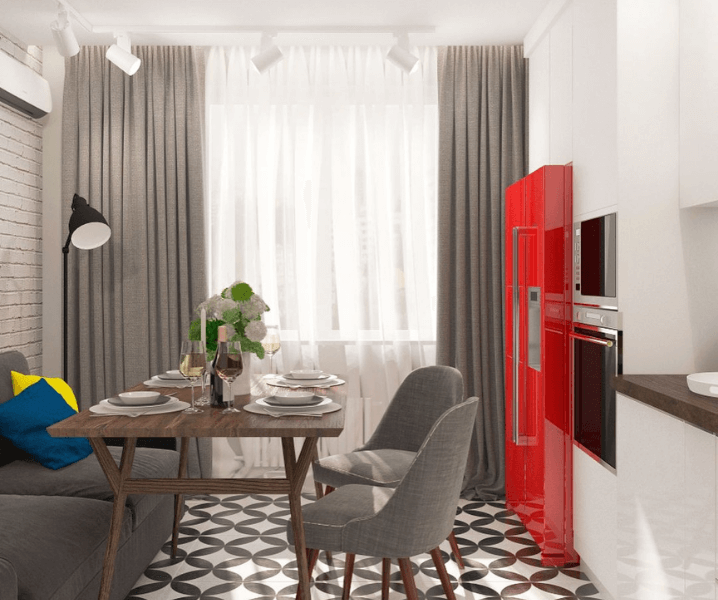 кухня с красным холодильником и черными стульями