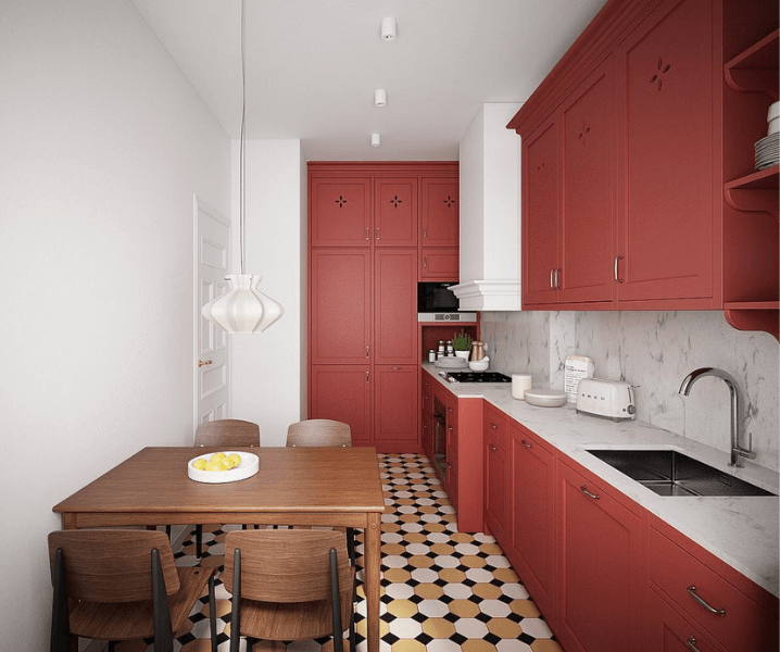 Интерьер кухни в красном цвете с белыми тонами