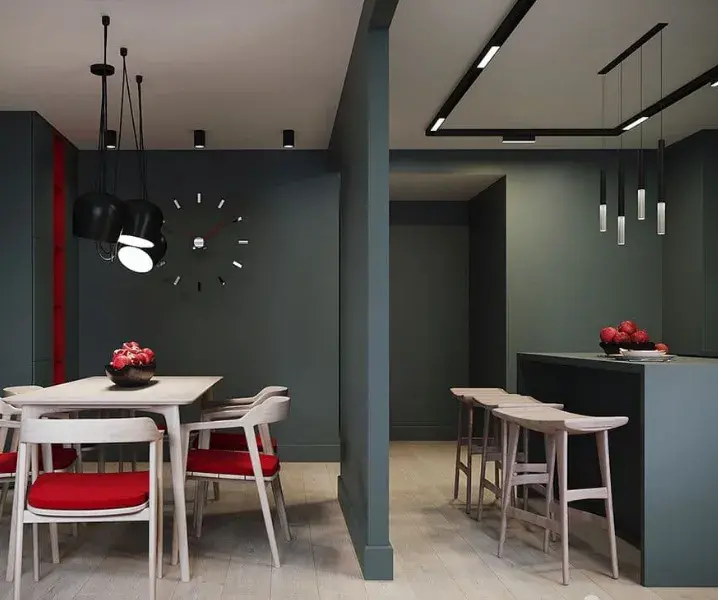 Дизайн красно-черных кухонь с перегородкой гостиной