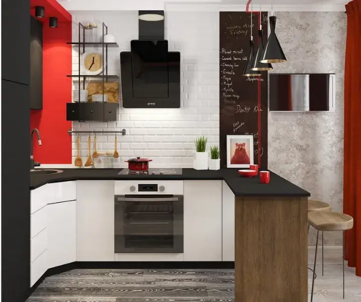 Дизайн красно-черных кухонь с белыми фасадами