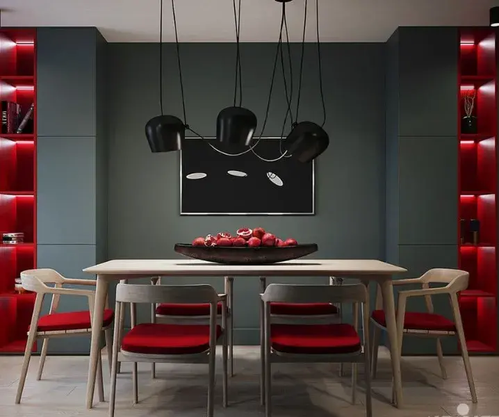 Дизайн красно-черных кухонь с обеденной зоной