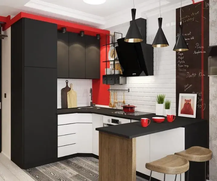Дизайн красно-черных кухонь с деревянной барной стойкой