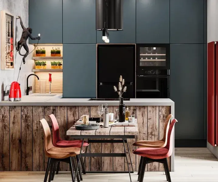 Дизайн красно-черных кухонь и деревянная стойка для бара