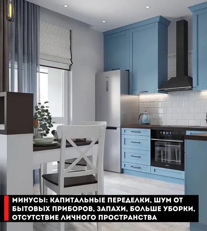Интерьер небольшой кухни-гостиной в голубом цвете