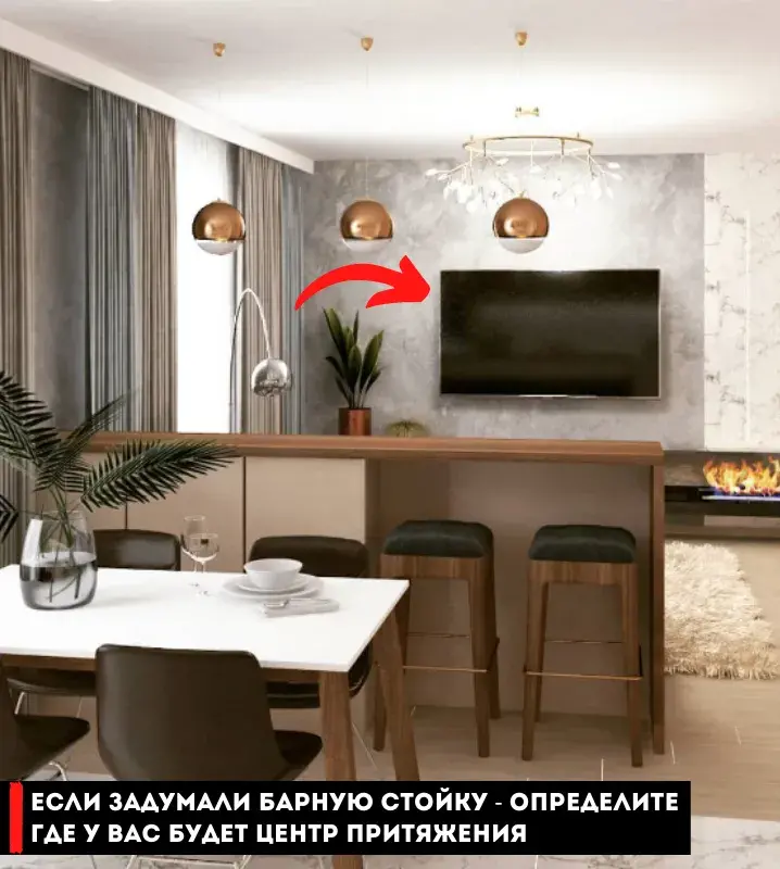 современные кухни гостиные с барной стойкой и телевизором