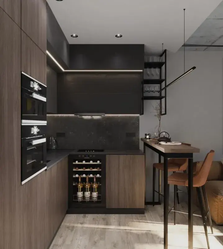 современные кухни гостиные с барной стойкой и черно-деревянный гарнитур