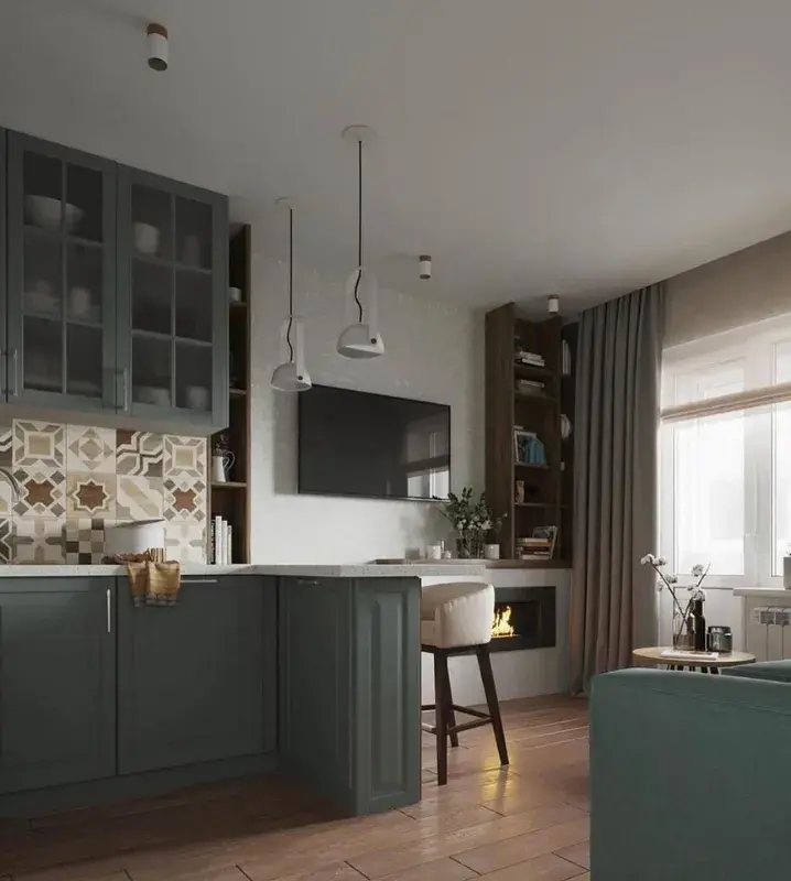 Дизайн кухни-гостиной с диваном и серым гарнитуром