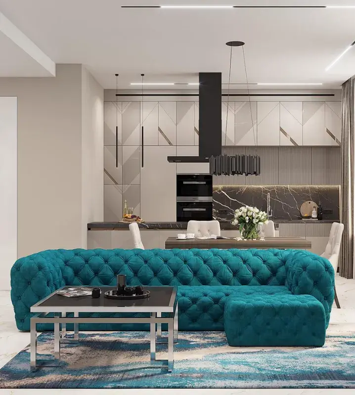 кухня-гостиная с синим диваном бирюзового цвета