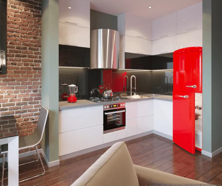 Интерьер кухни в красном цвете с красным холодильником